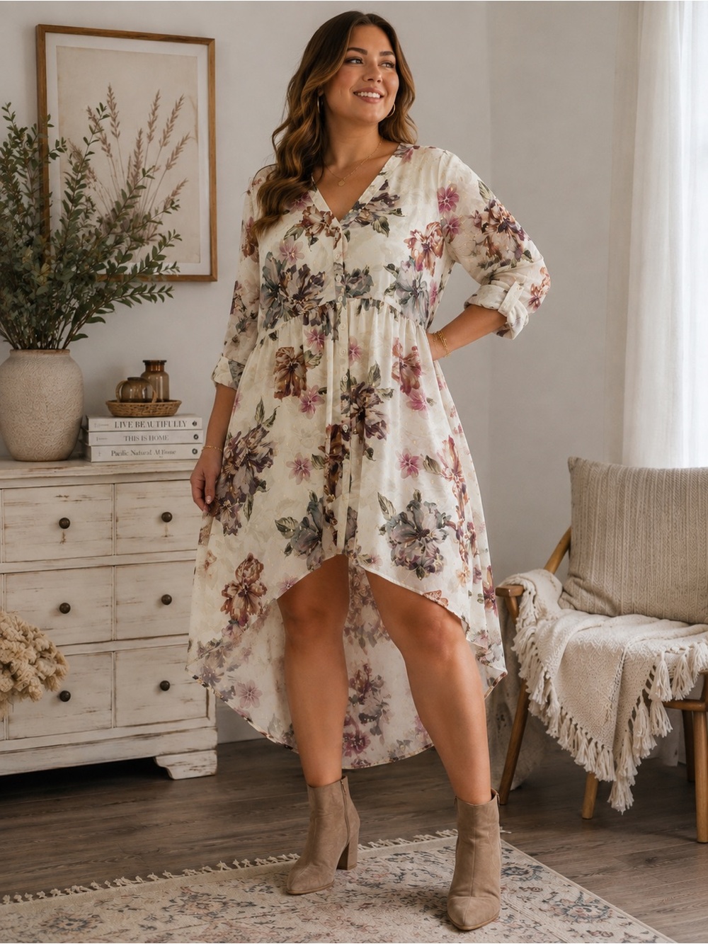 torrid Cream Floral High-Low V-Neck Dress with Pink and Mauve Accents